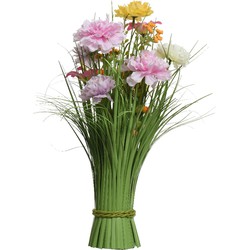 Kunstgras boeket bloemen - anjers - lila paars - geel - H40 cm - lente boeket - Kunstbloemen