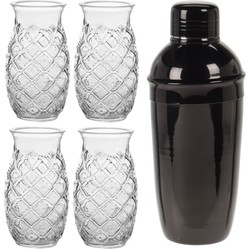 4x Cocktailglazen / Pina Colada glazen transparant 500 ml + Cocktailshaker zwart 500 ml RVS - Cocktailglazen