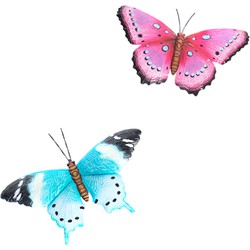 Set van 2x metalen tuin decoratie vlinders voor aan de muur/wand 37 cm - Tuinbeelden