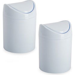 Plasticforte mini prullenbakje - 2x - wit - kunststof - klepdeksel - keuken/aanrecht - 12 x 17 cm - Prullenbakken