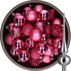 37x stuks kunststof kerstballen fuchsia roze 6 cm incl. glazen piek zilver - Kerstbal