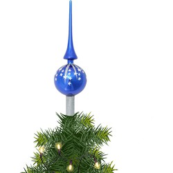 Luxe kerstpieken blauw met zilveren glitter opdruk 28 cm - kerstboompieken