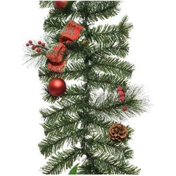 1x Kerst guirlande/slinger groen met rode versiering 180 cm dennenslinger versiering/decoratie - Guirlandes