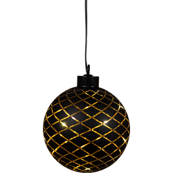 Kersthanger bal glas gouden binnenkant met diamant patroon 8led warm wit op batterij met timer d10 cm mat zwart