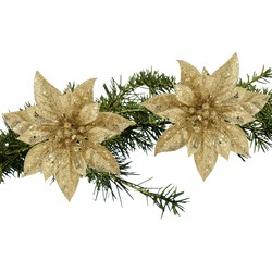 2x stuks kerstboom bloemen kerstster goud glitter op clip 15 cm - Kersthangers