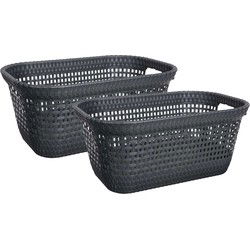 5Five Wasmand van rotan gevlochten - 2x - zwart - kunststof - 45 liter - 59 x 38 x 26 cm - Wasmanden