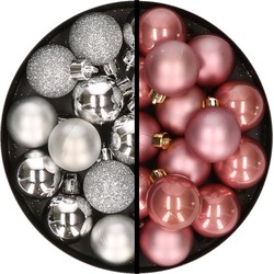 36x stuks kunststof kerstballen zilver en oudroze 3 en 4 cm - Kerstbal