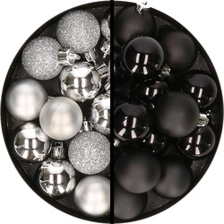36x stuks kunststof kerstballen zilver en zwart 3 en 4 cm - Kerstbal