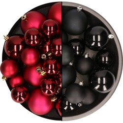 Kerstversiering kunststof kerstballen mix zwart/donkerrood 4-6-8 cm pakket van 68x stuks - Kerstbal