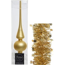 Kerstversiering glazen piek mat 26 cm en sterren folieslingers pakket goud van 3x stuks - kerstboompieken