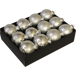 12x stuks luxe glazen gedecoreerde kerstballen zilver 7,5 cm - Kerstbal