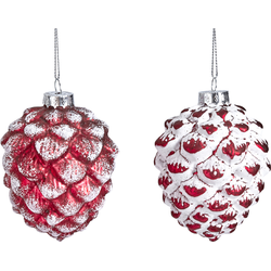 Set van 2 kerstballen van rood en wit glas H9