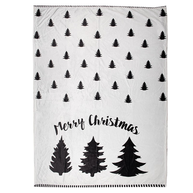 Clayre & Eef Plaid  130x170 cm Wit Zwart Polyester Kerstbomen Merry Christmas Deken - 