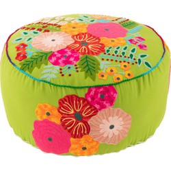 J-line - Poef Rond Bloemen Geborduurd Katoen/polyester Groen - 50x50x35cm