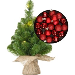 Mini kerstboom/kunstboom met verlichting 45 cm en inclusief kerstballen rood - Kunstkerstboom