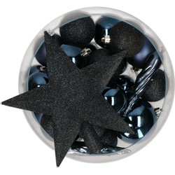 Bellatio Decorations set 33x stuks kunststof kerstballen met ster piek donkerblauw - Kerstbal