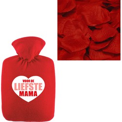 Liefste mama warmwaterkruik rood 2 liter fleece hoes en rozenblaadjes - Kruiken