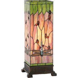 LumiLamp Tiffany Tafellamp  18x18x45 cm  Rood Groen Glas Rechthoek Libelle Tiffany Bureaulamp