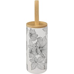 WC-/toiletborstel met houder rond wit/zwart met hibiscus bloemen patroon zandsteen/bamboe 38 cm - Toiletborstels