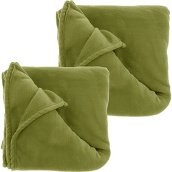 Fleece dekens/plaids Claudi 2 stuks 150 x 200 cm - olijf groen - Plaids