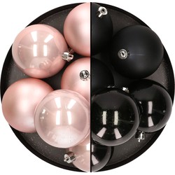 12x stuks kunststof kerstballen 8 cm mix van lichtroze en zwart - Kerstbal
