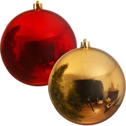 Kerstversieringen set van 6x grote kunststof kerstballen rood en goud 14 cm glans - Kerstbal