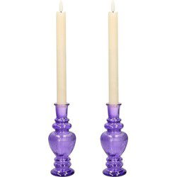 Kaarsen kandelaar Venice - 2x - gekleurd glas - ribbel paars - D5,7 x H15 cm - kaars kandelaars