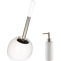 WC-/toiletborstel en houder - wit - met zeeppompje 400 ml - Badkameraccessoireset