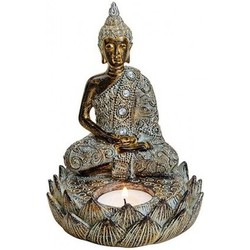 Decoratie boeddha beeld met theelichthouder bruin 15 cm - Beeldjes