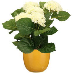 Hortensia kunstplant/kunstbloemen 36 cm - wit - in pot okergeel glans - Kunstplanten