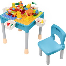 Decopatent® - Kindertafel met 1 Stoeltje - Speeltafel met bouwplaat en vlakke kant - 4 Bakjes - Geschikt voor Duplo® Bouwstenen