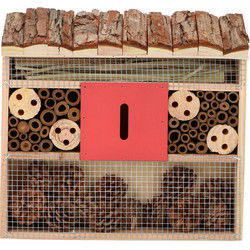 Insectenhotel huisje schorsen dak en rood middenvak 30 cm - Insectenhotel