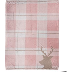 Clayre & Eef Plaid  130x170 cm Roze Wit Polyester Rendier Deken