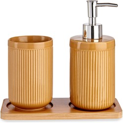 Badkamer accessoires set 3-delig camel bruin gestreept van keramiek - Badkameraccessoireset