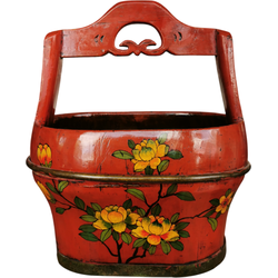 Fine Asianliving Antique Chinese Wooden Handpainted Basket Red