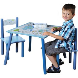 Mdf Kindertafel SET met 2 Stoelen - Dinosaurus Motief - FSC Goedgekeurde Zitgroep - Houten Tafel en 2x kinderstoel - Kleur Blauw