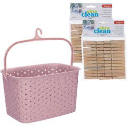Wasknijpersmandje met ophanghaak - roze - en 48x houten wasknijpers 7 cm - knijperszakken