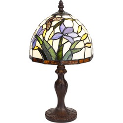 LumiLamp Tiffany Tafellamp  Ø 20x36 cm Beige Blauw Glas Rond Bloemen Tiffany Bureaulamp