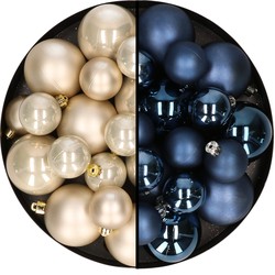 Kerstversiering kunststof kerstballen mix donkerblauw/champagne 6-8-10 cm pakket van 44x stuks - Kerstbal