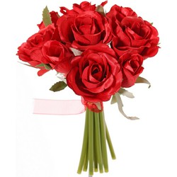 TopArt Boeketje kunstbloemen - rozen - rood - 20 cm - 9x stuks - Kunstbloemen