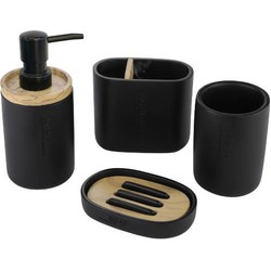 Decopatent® Badkamerset 4 Delig - Toiletaccessoires Set - Kunsstof - Zeeppompje - Tandenborstelhouder - Zeepschaal - Beker - Zwart