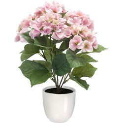 Hortensia kunstplant/kunstbloemen 40 cm - roze - in pot wit glans - Kunstplanten