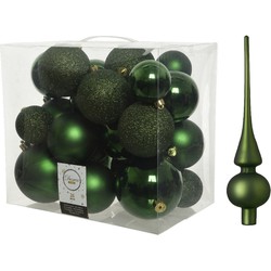 Kerstversiering kunststof kerstballen met piek donkergroen 6-8-10 cm pakket van 27x stuks - Kerstbal