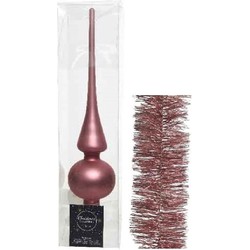 Kerstversiering glazen piek mat 26 cm en folieslingers pakket oud roze van 3x stuks - kerstboompieken