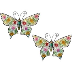3x stuks gekleurde metalen tuindecoratie vlinder hangdecoratie 30 x 43 cm cm - Tuinbeelden