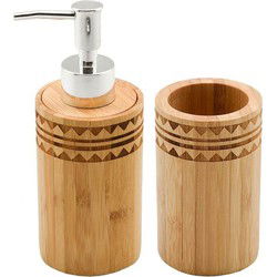Badkamerset - bamboe - 2-delig - zeeppompje + beker - 11 cm - bad - Badkameraccessoireset