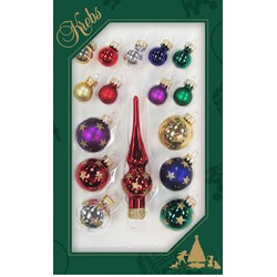 Luxe gekleurde glazen mini kerstballen en piek set voor mini kerstboom 16-dlg - Kerstbal