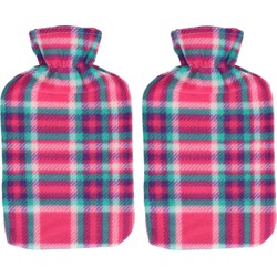 Set van 2x stuks winter kruik met Schotse ruit print hoes roze 1,7 liter - Kruiken