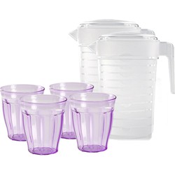 Water/limonade schenkkannen 2x stuks van 2 liter met 12x kunststof glazen voordeelset - Schenkkannen