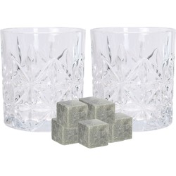 Luxe whiskyglazen set 4x stuks 230 ml met 9x whisky ijsblokstenen - Whiskeyglazen